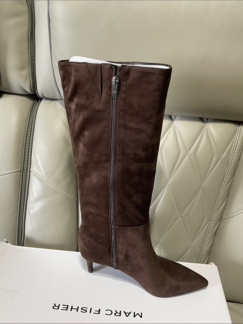 Marc Fisher Over-the-Knee Slim Heel Boots in Dark Brown Suede - Picture 8 of 9